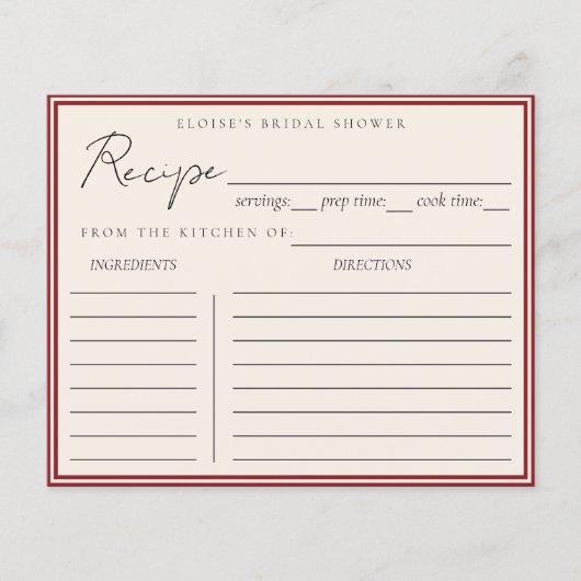Minimalist Italian Red Bridal Shower Recipe Card (正面)