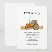 Minimalist It's A Boy Framer Tractor Baby Shower  招待状 (正面/裏面)