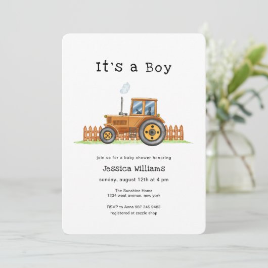 Minimalist It's A Boy Framer Tractor Baby Shower  招待状 (スタンド正面)