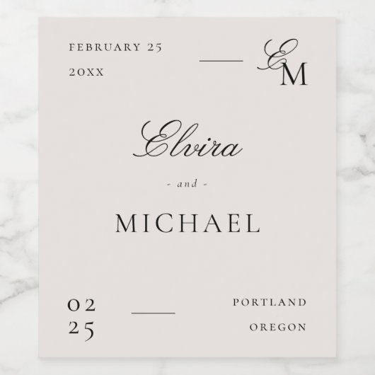 Minimalist Ivory Editorial Wedding ワインラベル (シングルラベル)