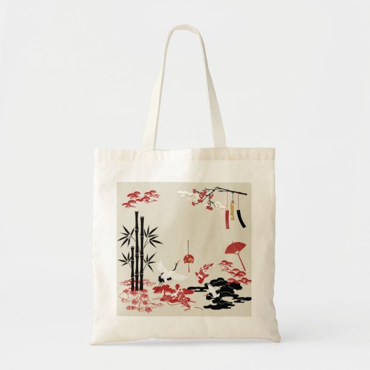 Minimalist Japanese Motifs: Cranes, Koi Fish, Bamb トートバッグ (正面)