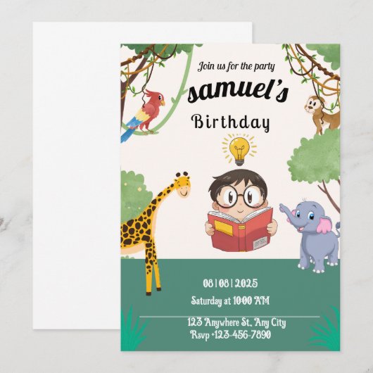 Minimalist Jungle Safari Birthday Invite 招待状 (正面/裏面)
