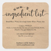Minimalist Kraft Ingredient List Bakery Product スクエアシール (正面)