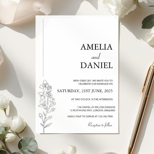 Minimalist Larkspur Floral Wedding Invitation 招待状