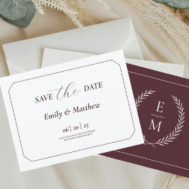 Minimalist Laurel Monogram Wedding Save The Date 案内ポストカード