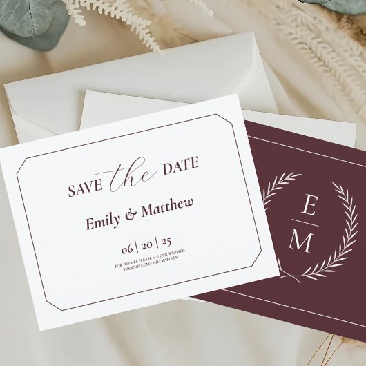 Minimalist Laurel Monogram Wedding Save The Date 案内ポストカード