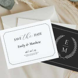 Minimalist Laurel Monogram Wedding Save The Date 案内ポストカード