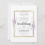 Minimalist lavender white gold floral Wedding 招待状 (正面)