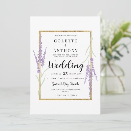 Minimalist lavender white gold floral Wedding 招待状 (スタンド正面)