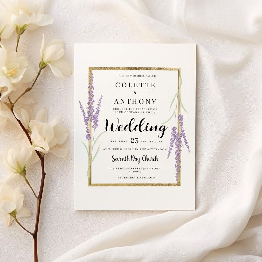 Minimalist lavender white gold floral Wedding 招待状