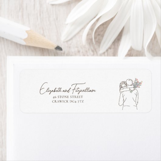 Minimalist Line Art Couple Hugging with Bouquet ラベル (インサイチュ)