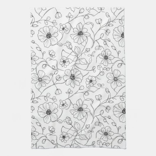 Minimalist Line Art Floral Seamless Pattern (1) キッチンタオル (縦)