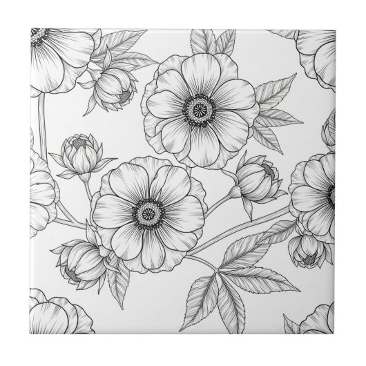 Minimalist Line Art Floral Seamless Pattern (5) タイル (正面)