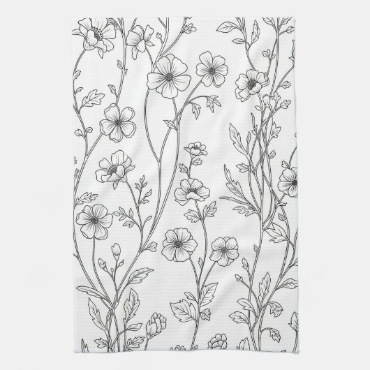 Minimalist Line Art Floral Seamless Pattern (7) キッチンタオル (縦)
