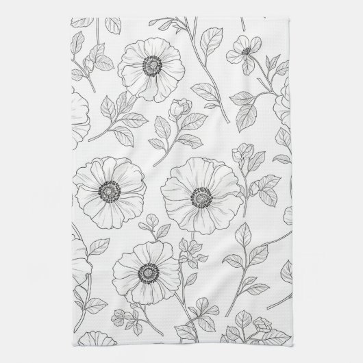Minimalist Line Art Floral Seamless Pattern (8) キッチンタオル (縦)