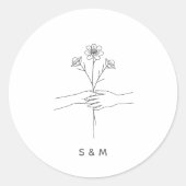 Minimalist Line Art Hands & Flowers Wedding Sticke ラウンドシール (正面)