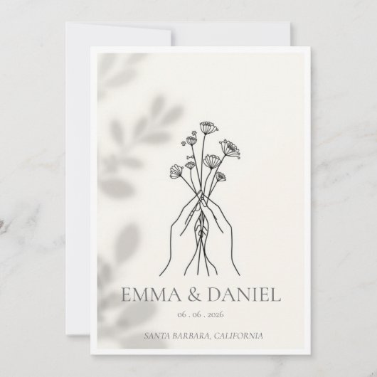 Minimalist Line Art Hands holding Flowers Wedding  招待状 (正面)