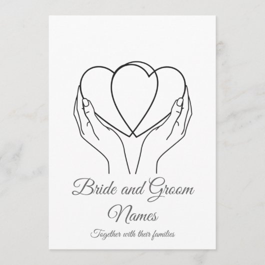 Minimalist Line Art Hearts & Hands Grey Wedding In 招待状 (正面)