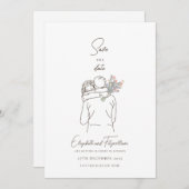 Minimalist Line Art Romantic Couple With Flowers  セーブザデート (正面/裏面)