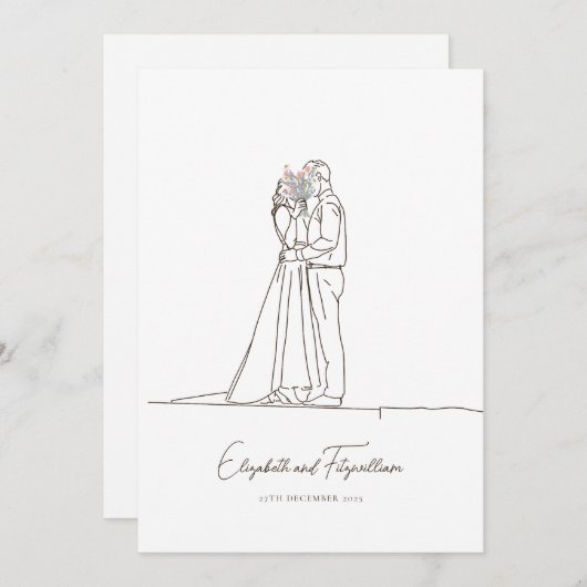 Minimalist Line Art Romantic Couple with Flowers 招待状 (正面/裏面)