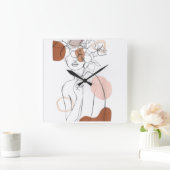 Minimalist Line Art Wall Clock – Floral Head Desig スクエア壁時計 (ホーム)