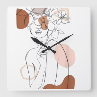 Minimalist Line Art Wall Clock – Floral Head Desig スクエア壁時計
