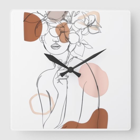Minimalist Line Art Wall Clock – Floral Head Desig スクエア壁時計 (正面)