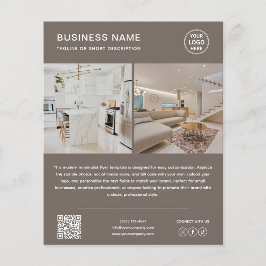 Minimalist Logo Photo QR Code Taupe Business Flyer チラシ (正面)