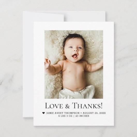 Minimalist Love & Thanks Baby Photo Birth Stats サンキューカード (正面)