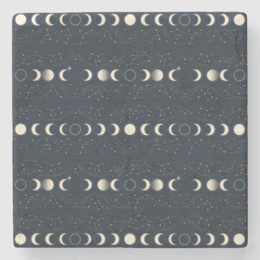 Minimalist Lunar Phases Pattern with Stars and Nig ストーンコースター (正面)