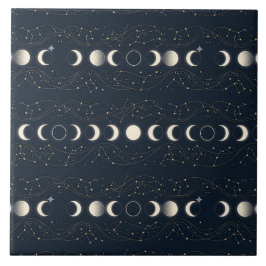Minimalist Lunar Phases Pattern with Stars and Nig タイル (正面)