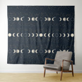 Minimalist Lunar Phases Pattern with Stars and Nig タペストリー (インサイチュ(横))