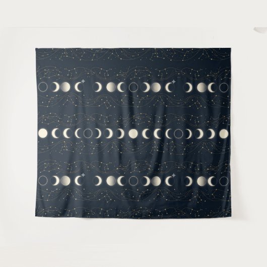 Minimalist Lunar Phases Pattern with Stars and Nig タペストリー (正面(横))