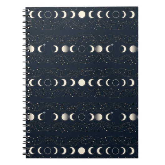 Minimalist Lunar Phases Pattern with Stars and Nig ノートブック (正面)