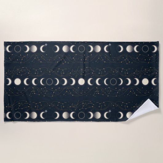 Minimalist Lunar Phases Pattern with Stars and Nig ビーチタオル (正面)