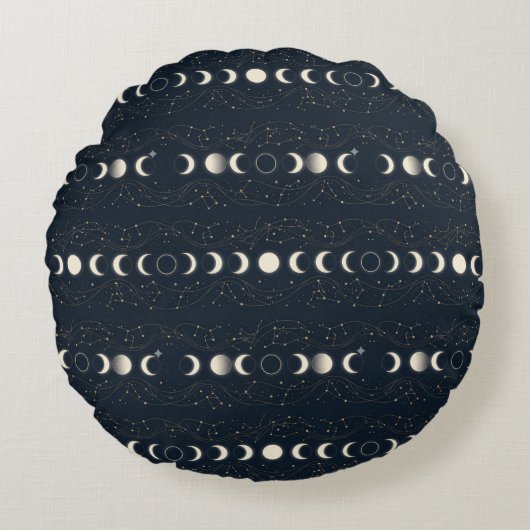 Minimalist Lunar Phases Pattern with Stars and Nig ラウンドクッション (正面)