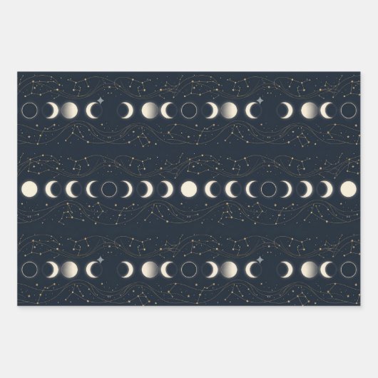 Minimalist Lunar Phases Pattern with Stars and Nig ラッピングペーパーシート (正面)