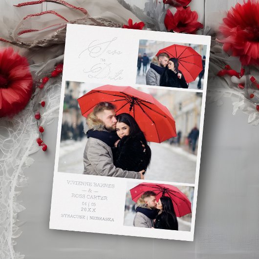 Minimalist Luxury 3 Photos Wedding Silver  箔招待状