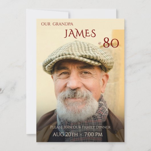 Minimalist Male Family Photo 80th Birthday 招待状 (正面)