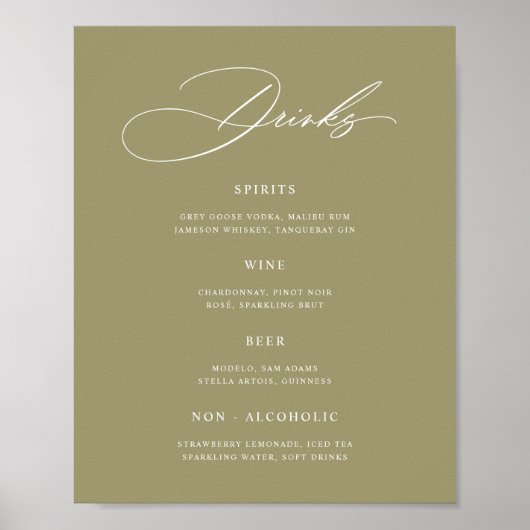Minimalist Matcha Green Wedding Bar Menu Poster ポスター (正面)