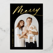 Minimalist Merry Black and Gold Script 2 Photo 箔シーズンカード (正面)