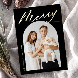 Minimalist Merry Black and Gold Script 2 Photo 箔シーズンカード