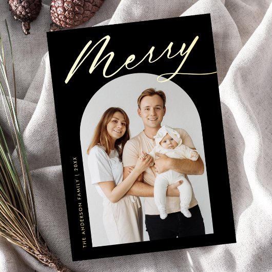 Minimalist Merry Black and Gold Script 2 Photo 箔シーズンカード