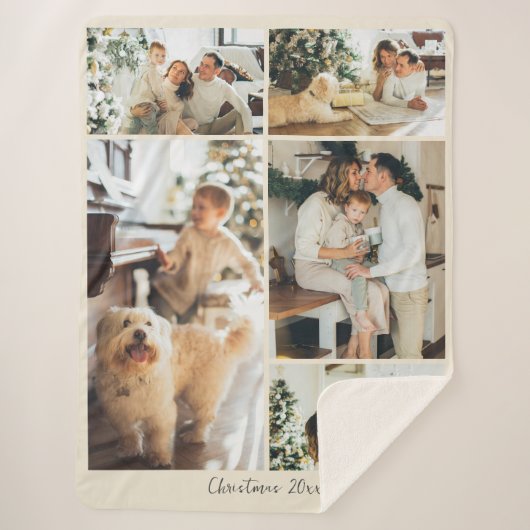 Minimalist Merry Christmas Script 5 Photo Collage  シェルパブランケット (正面)