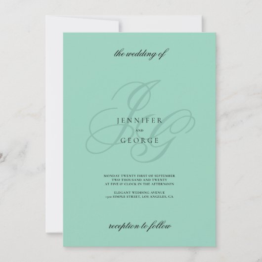 Minimalist mint green monogram initials wedding  招待状 (正面)