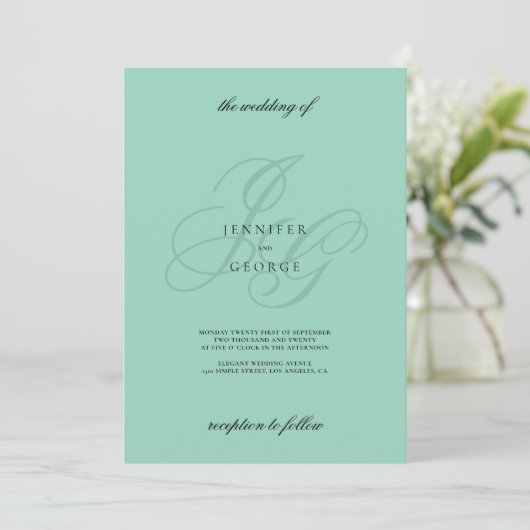 Minimalist mint green monogram initials wedding  招待状 (スタンド正面)