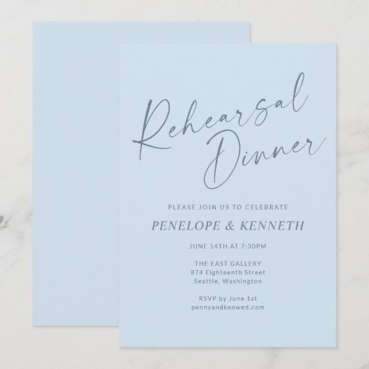 Minimalist Modern Blue Script Rehearsal Dinner 招待状 (正面/裏面)