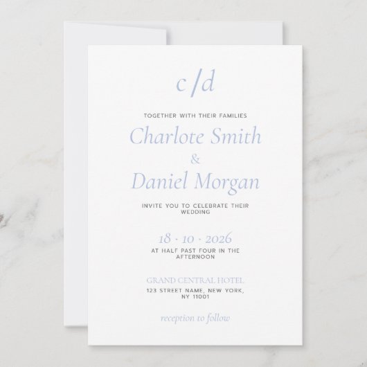Minimalist modern blue white wedding 招待状 (正面)