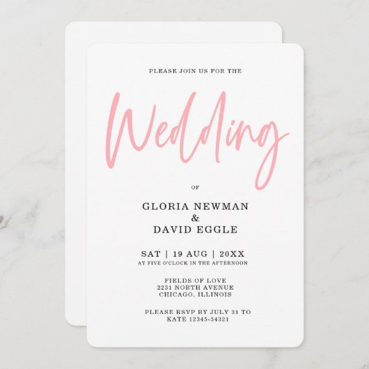 Minimalist Modern Blush Pink QR Code Wedding 招待状 (正面/裏面)