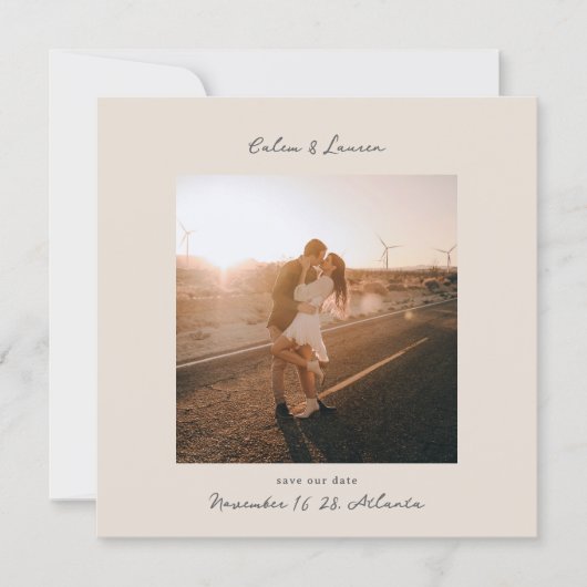 Minimalist Modern Boho Beige Square Photo Wedding セーブザデート (正面)